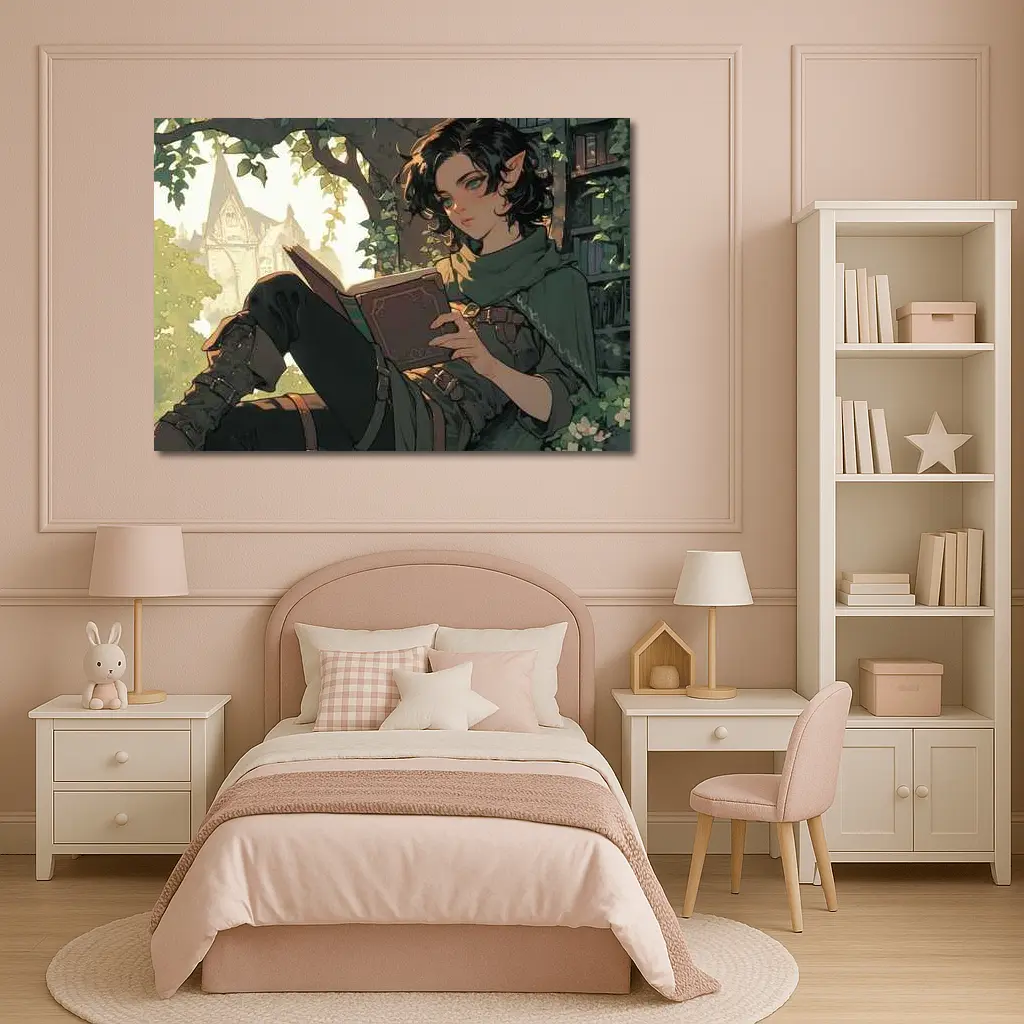 Elf Reading Book Fantasy Forest Anime Art – Wall Art