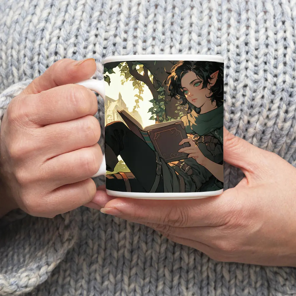 Elf Reading Book Fantasy Forest Anime Art – Mugs