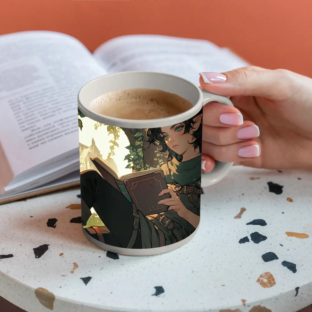 Elf Reading Book Fantasy Forest Anime Art – Mugs