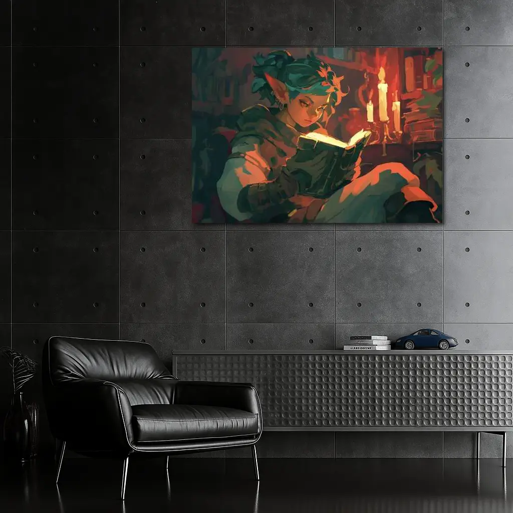 Fantasy Elf Reading Glowing Book by Candlelight – Wall Art