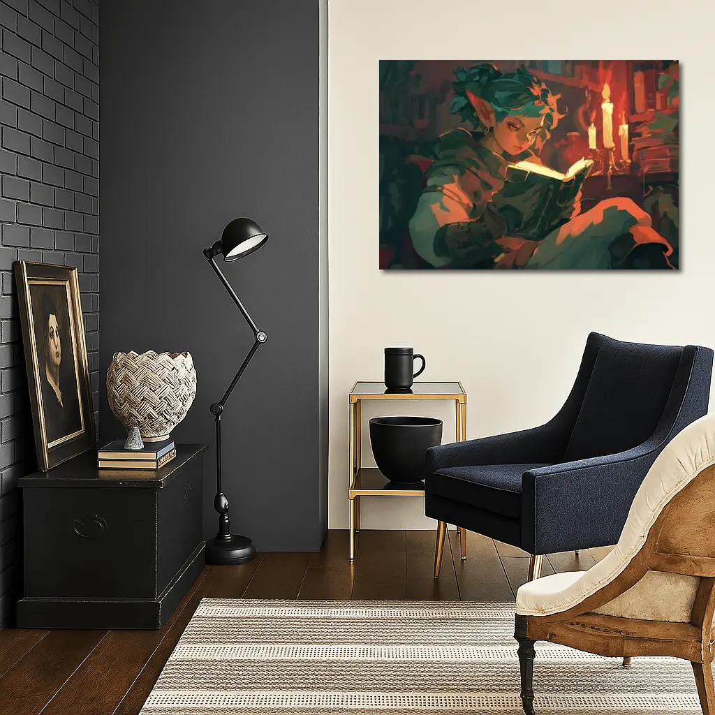 Fantasy Elf Reading Glowing Book by Candlelight – Wall Art