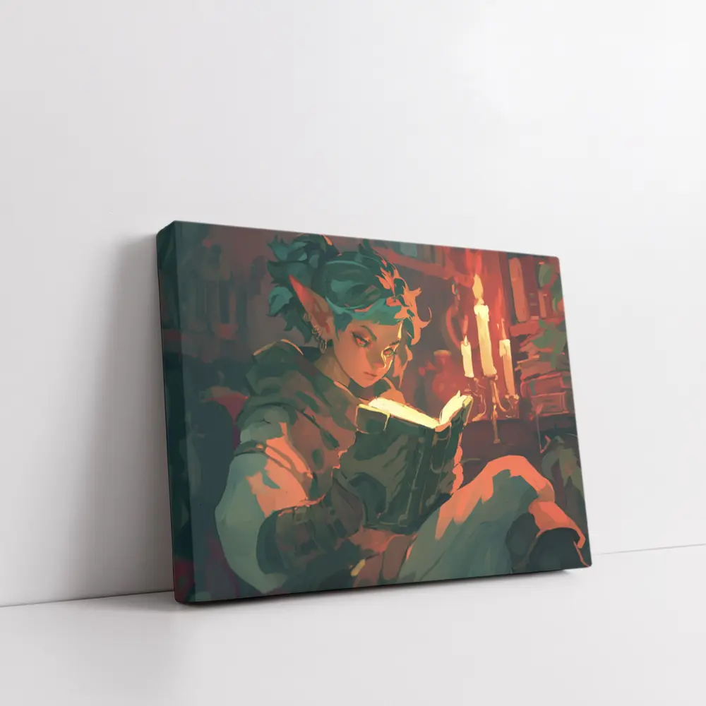Fantasy Elf Reading Glowing Book by Candlelight – Wall Art