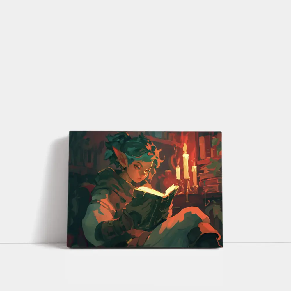 Fantasy Elf Reading Glowing Book by Candlelight – Wall Art