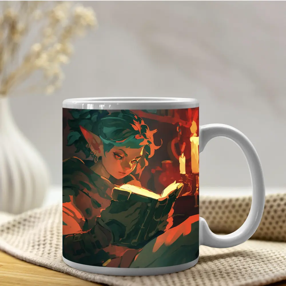 Fantasy Elf Reading Glowing Book by Candlelight – Mugs