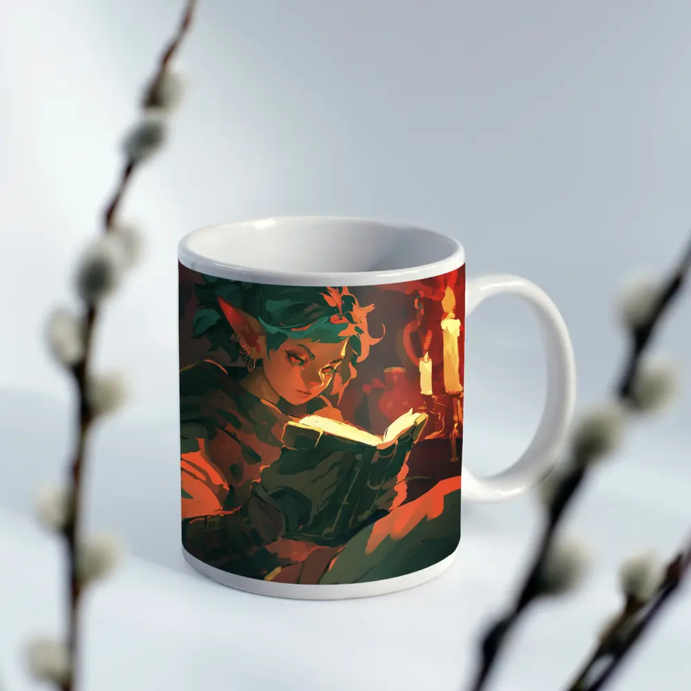 Fantasy Elf Reading Glowing Book by Candlelight – Mugs
