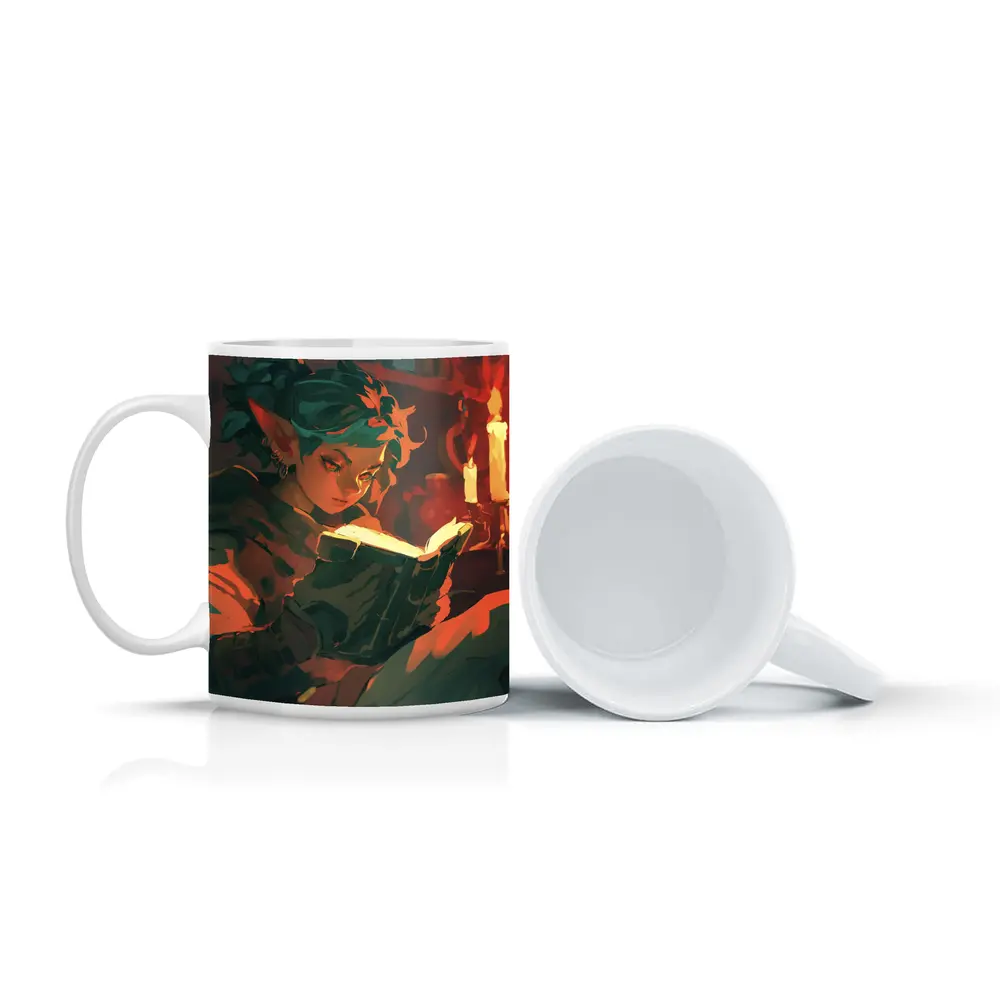 Fantasy Elf Reading Glowing Book by Candlelight – Mugs