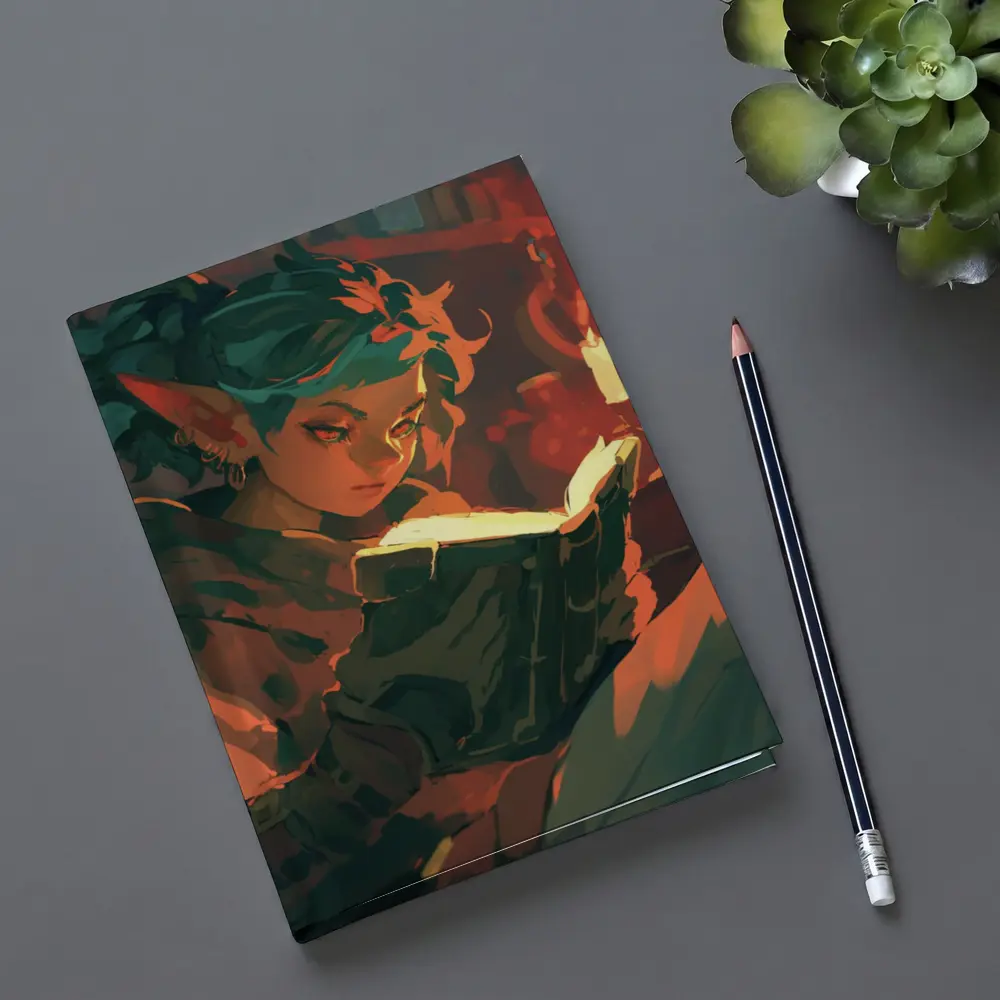 Fantasy Elf Reading Glowing Book by Candlelight – Notebooks