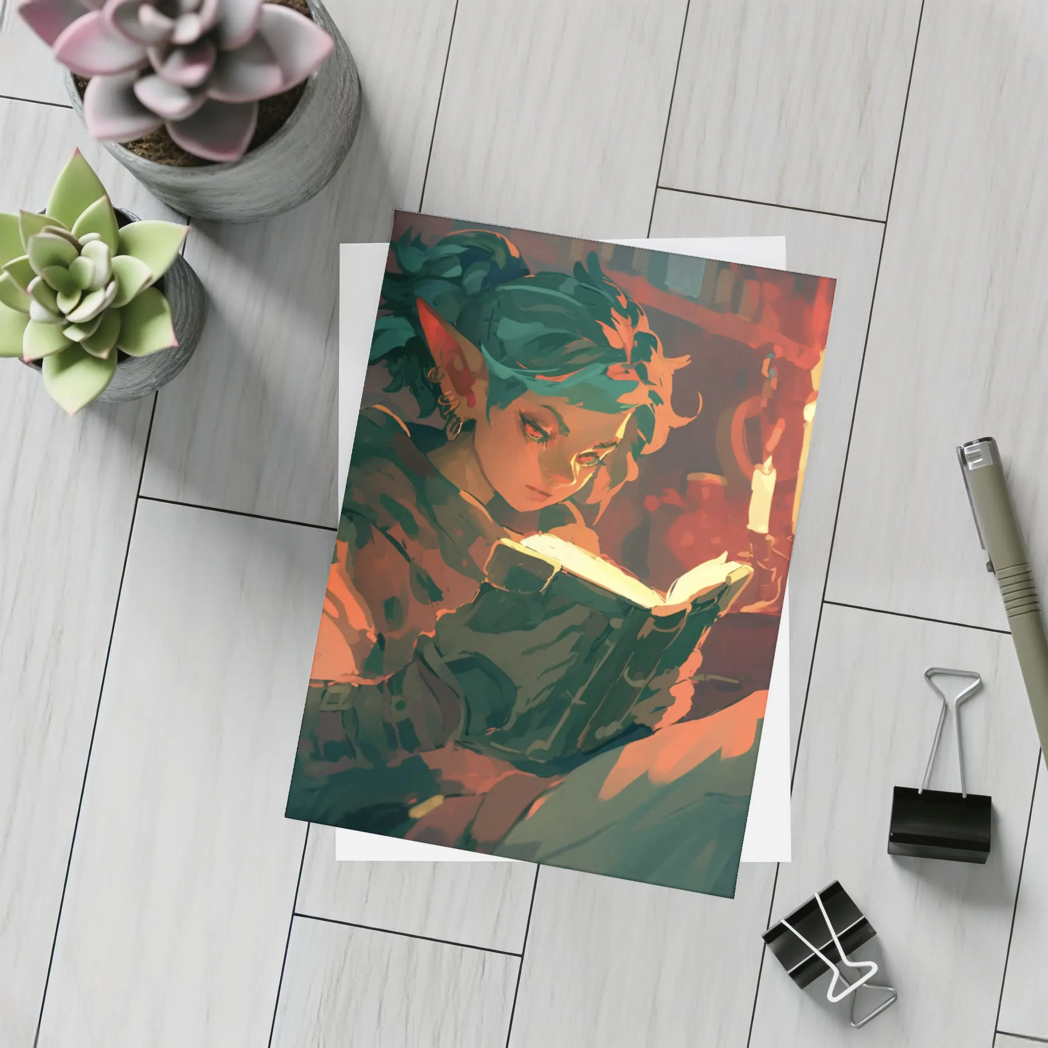 Fantasy Elf Reading Glowing Book by Candlelight – Postcards