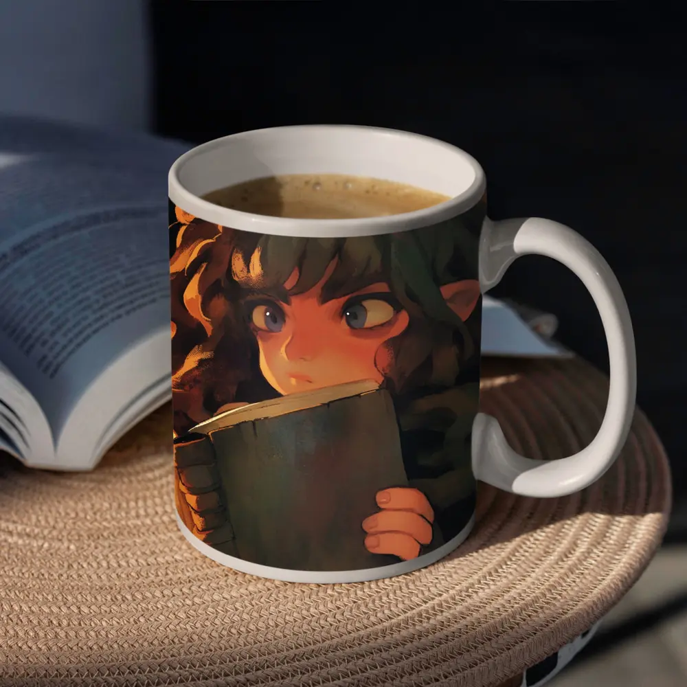 Elf Child Reading Book Dark Fantasy Art – Mugs