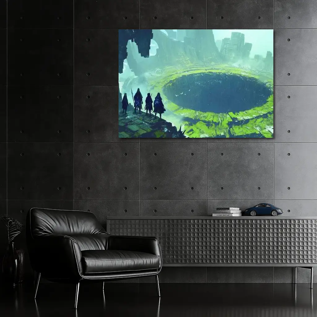 Fantasy Warriors Overlooking Ancient Crater Ruins – Wall Art