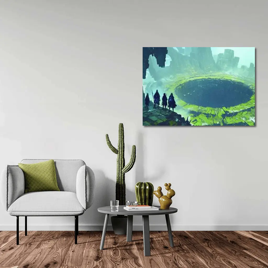 Fantasy Warriors Overlooking Ancient Crater Ruins – Wall Art