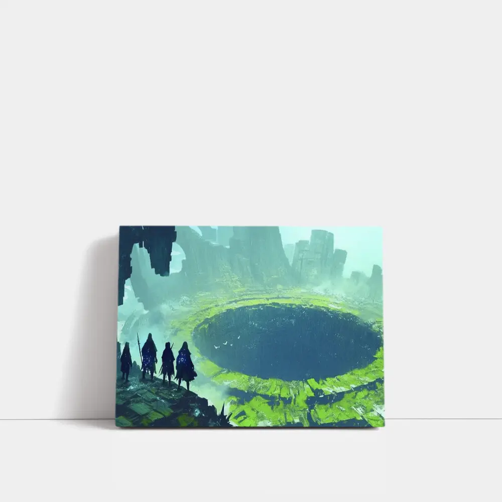 Fantasy Warriors Overlooking Ancient Crater Ruins – Wall Art