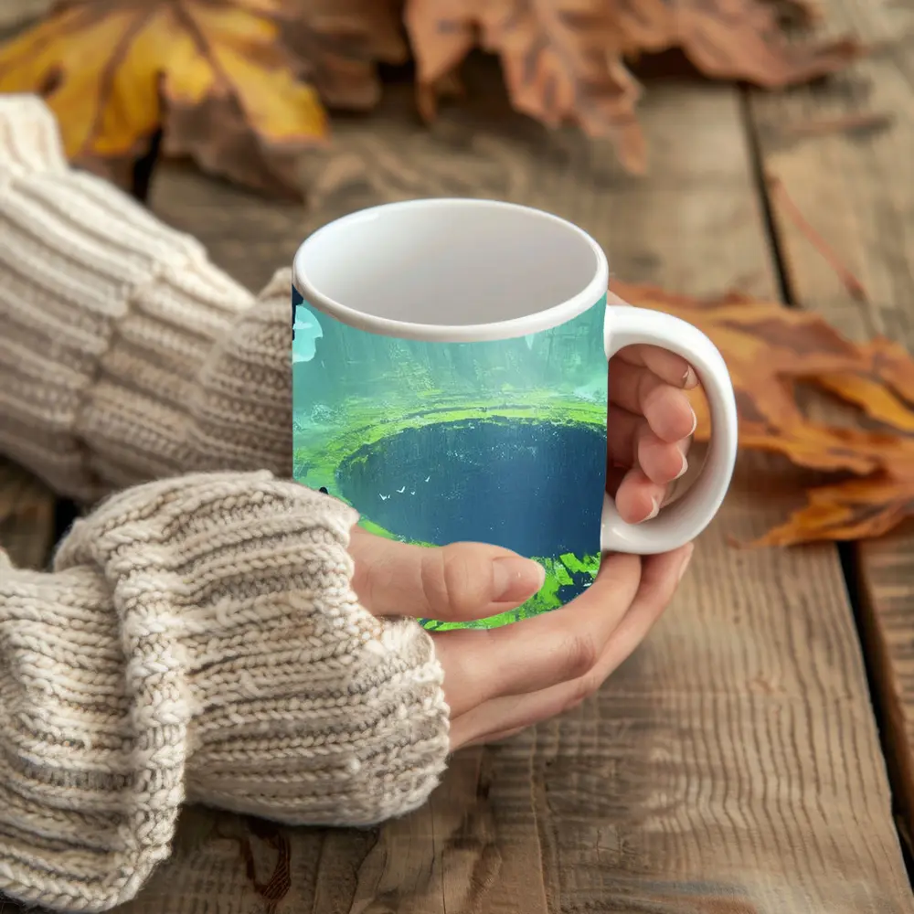 Fantasy Warriors Overlooking Ancient Crater Ruins – Mugs