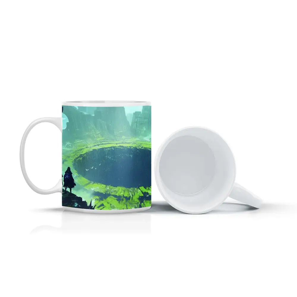 Fantasy Warriors Overlooking Ancient Crater Ruins – Mugs