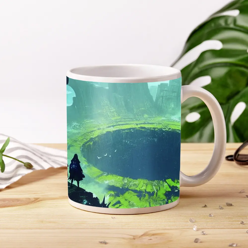 Fantasy Warriors Overlooking Ancient Crater Ruins – Mugs