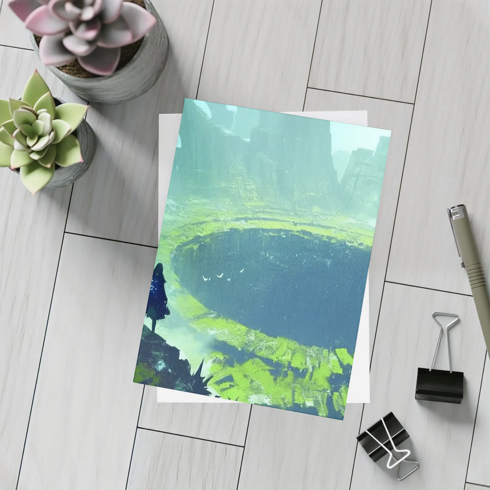 Fantasy Warriors Overlooking Ancient Crater Ruins – Postcards