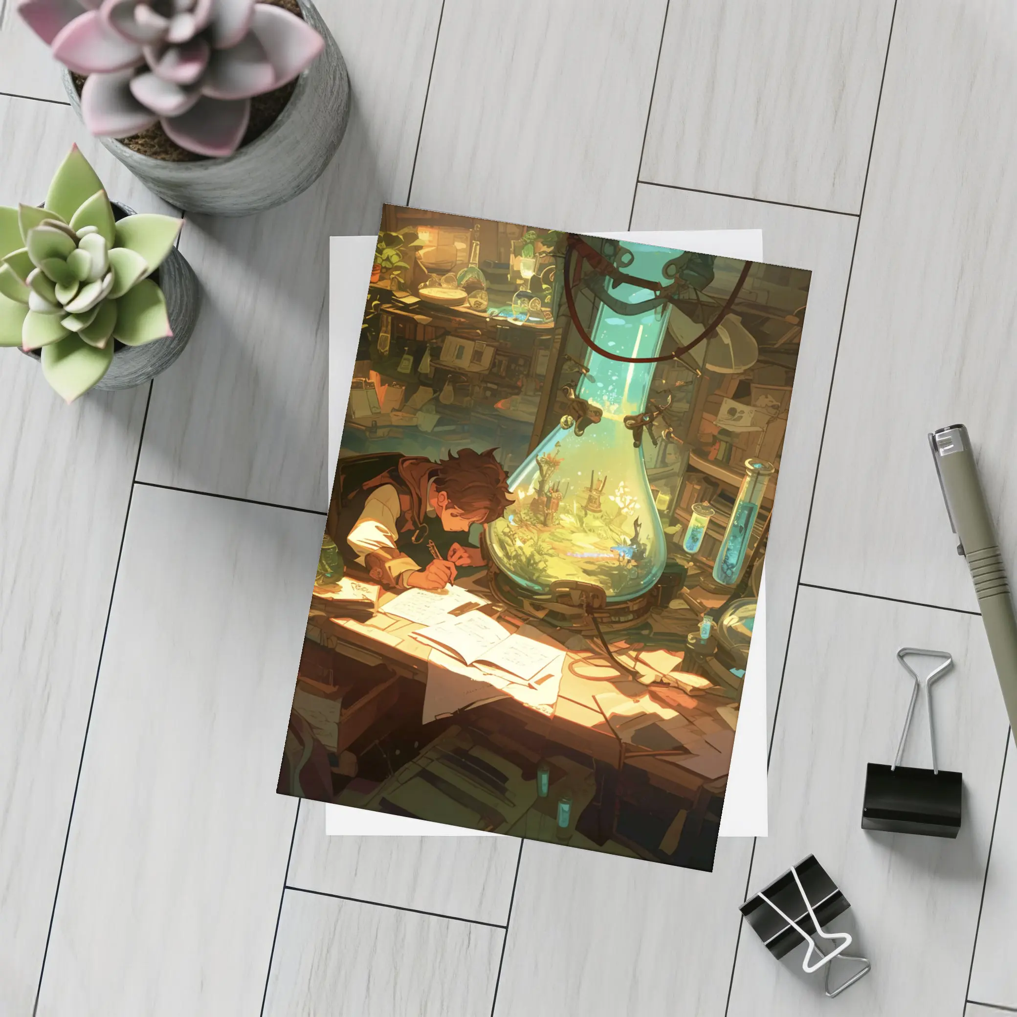 Anime Boy Writing In Fantasy Alchemist Lab – Postcards