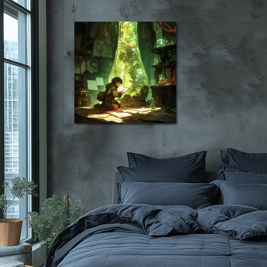 Anime Boy Reading In Glowing Botanical Lab – Wall Art