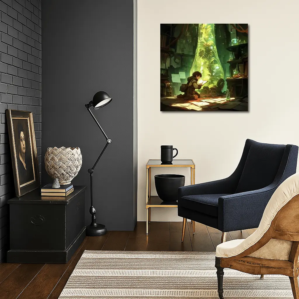 Anime Boy Reading In Glowing Botanical Lab – Wall Art