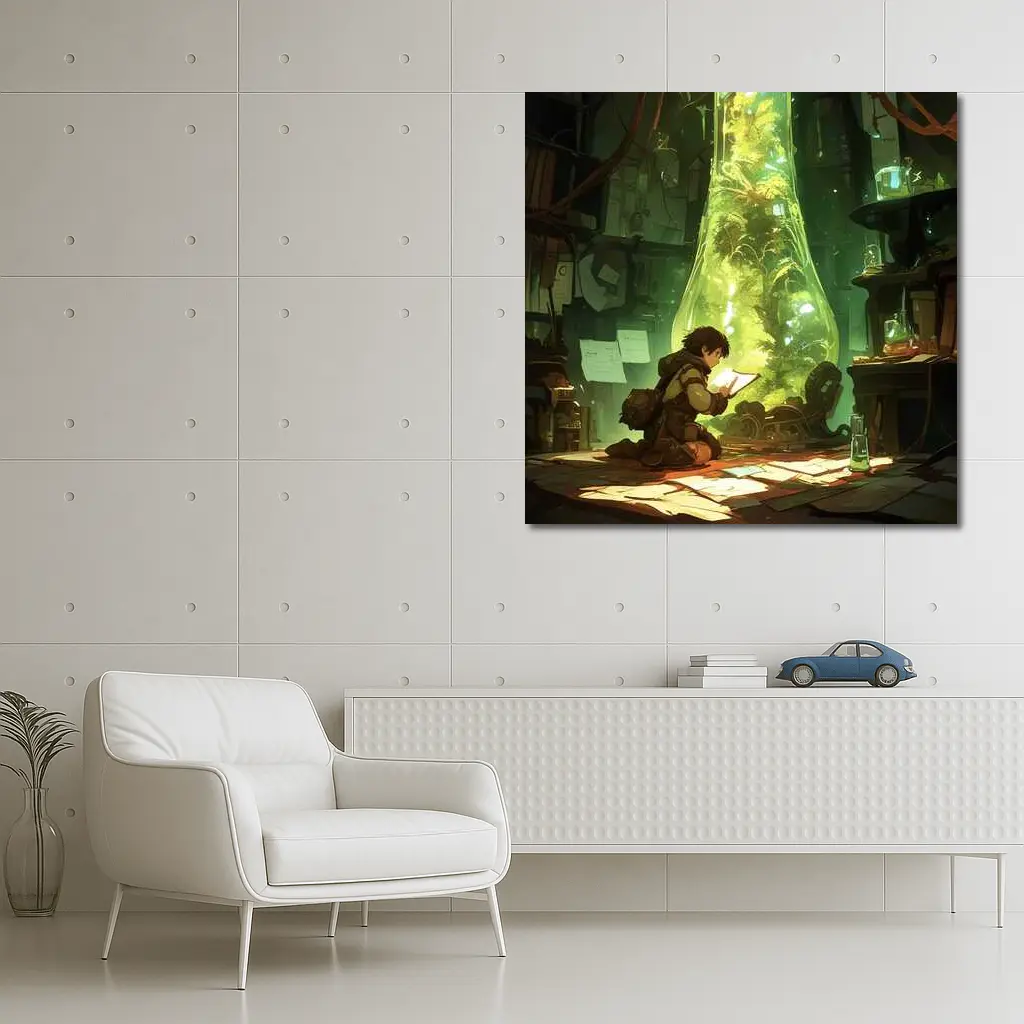 Anime Boy Reading In Glowing Botanical Lab – Wall Art