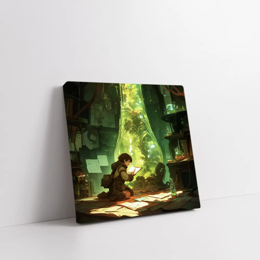 Anime Boy Reading In Glowing Botanical Lab – Wall Art