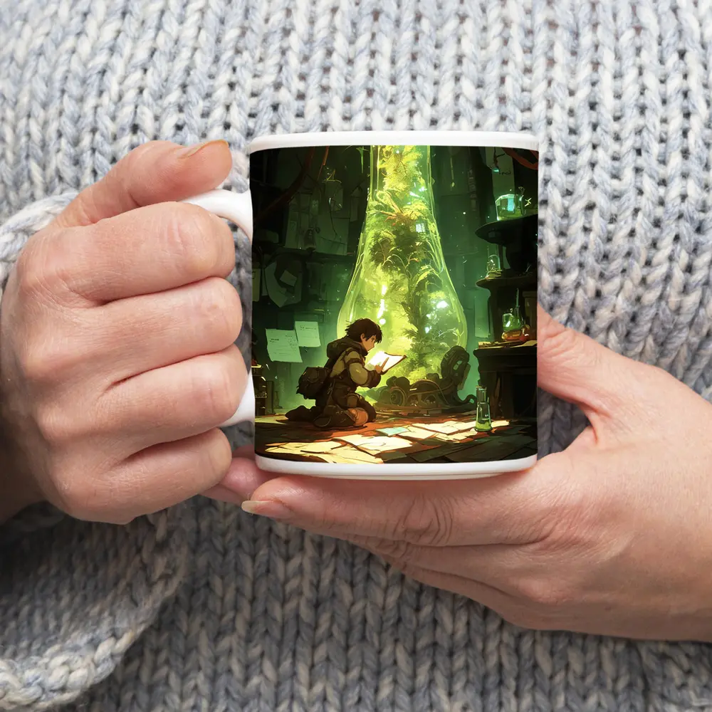 Anime Boy Reading In Glowing Botanical Lab – Mugs