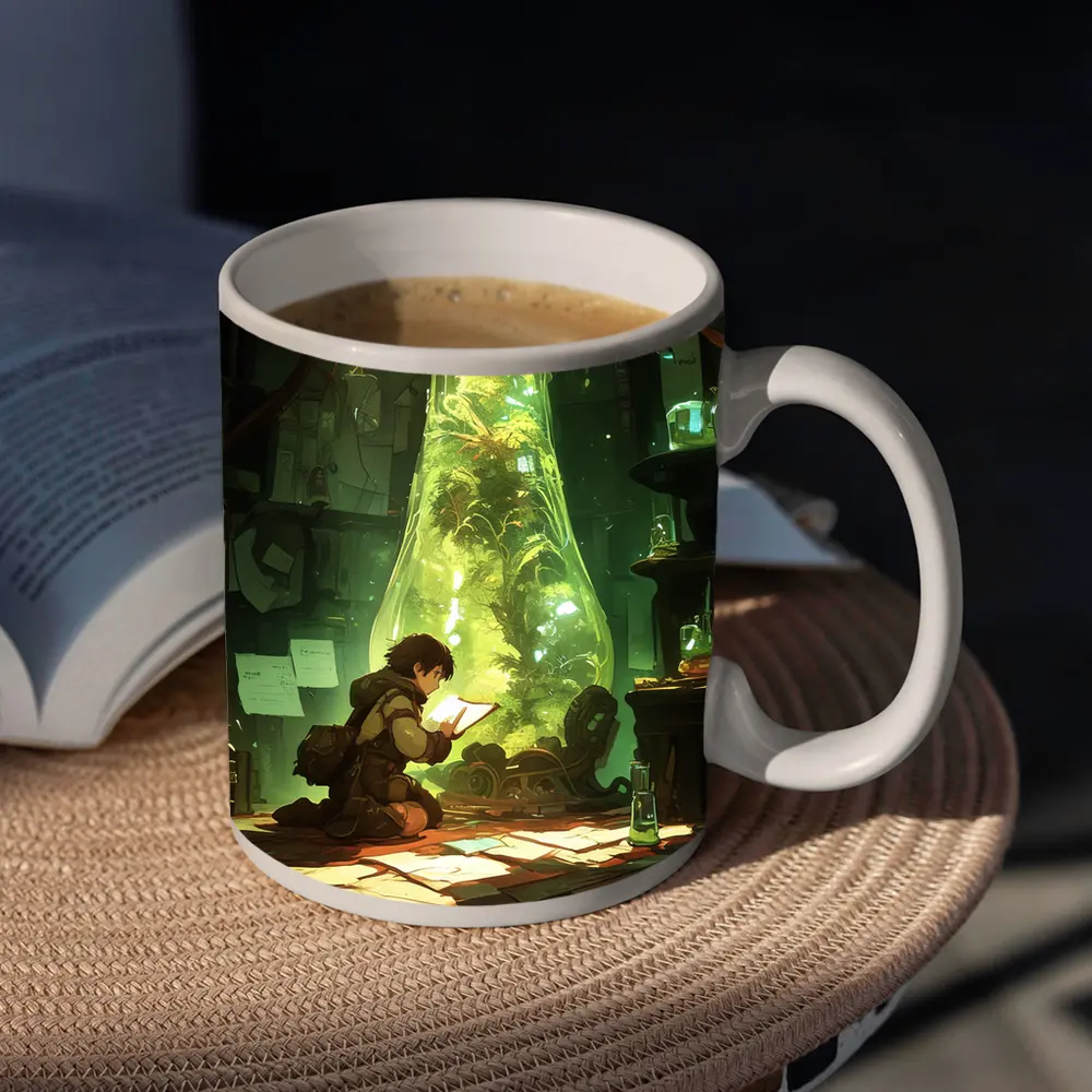 Anime Boy Reading In Glowing Botanical Lab – Mugs