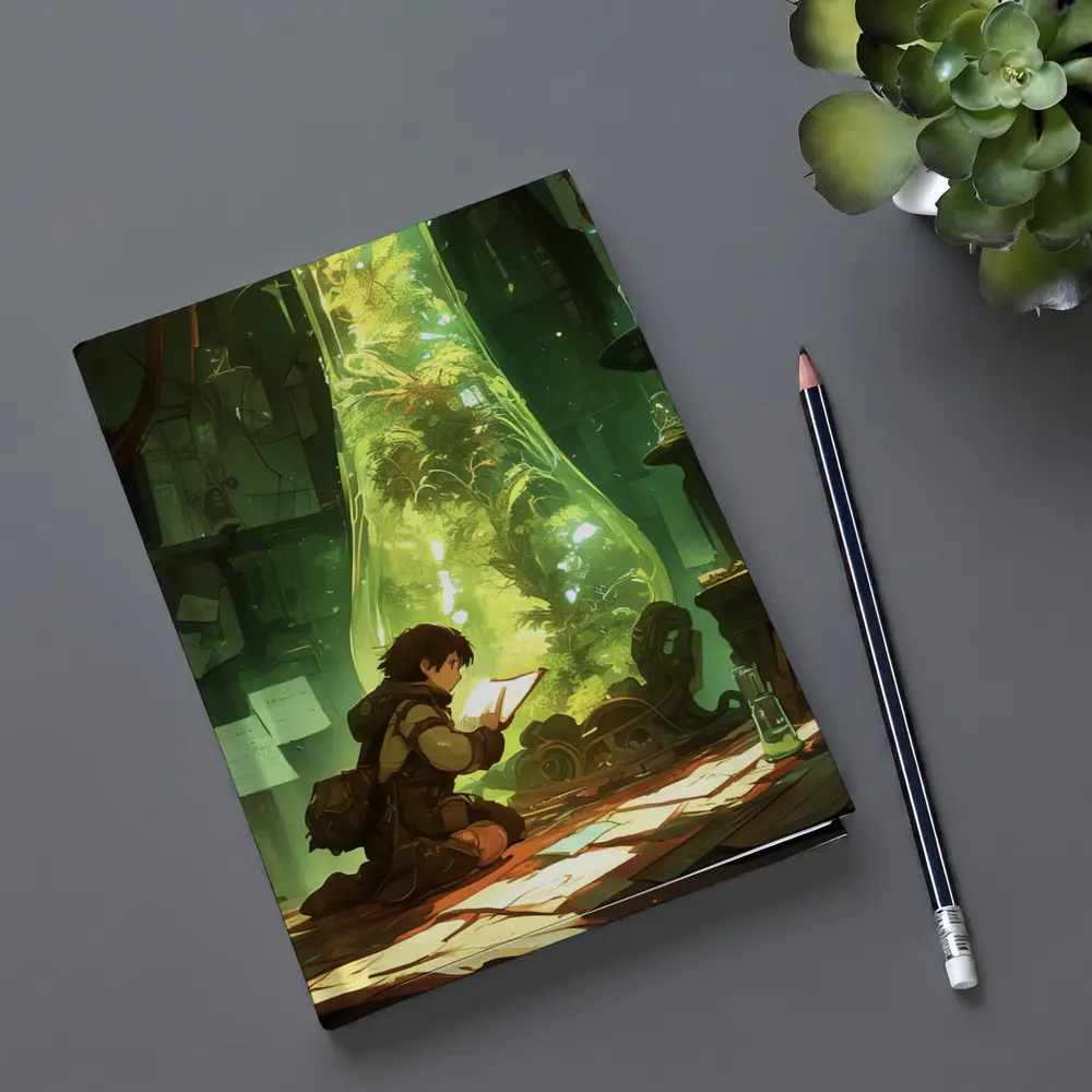 Anime Boy Reading In Glowing Botanical Lab – Notebooks