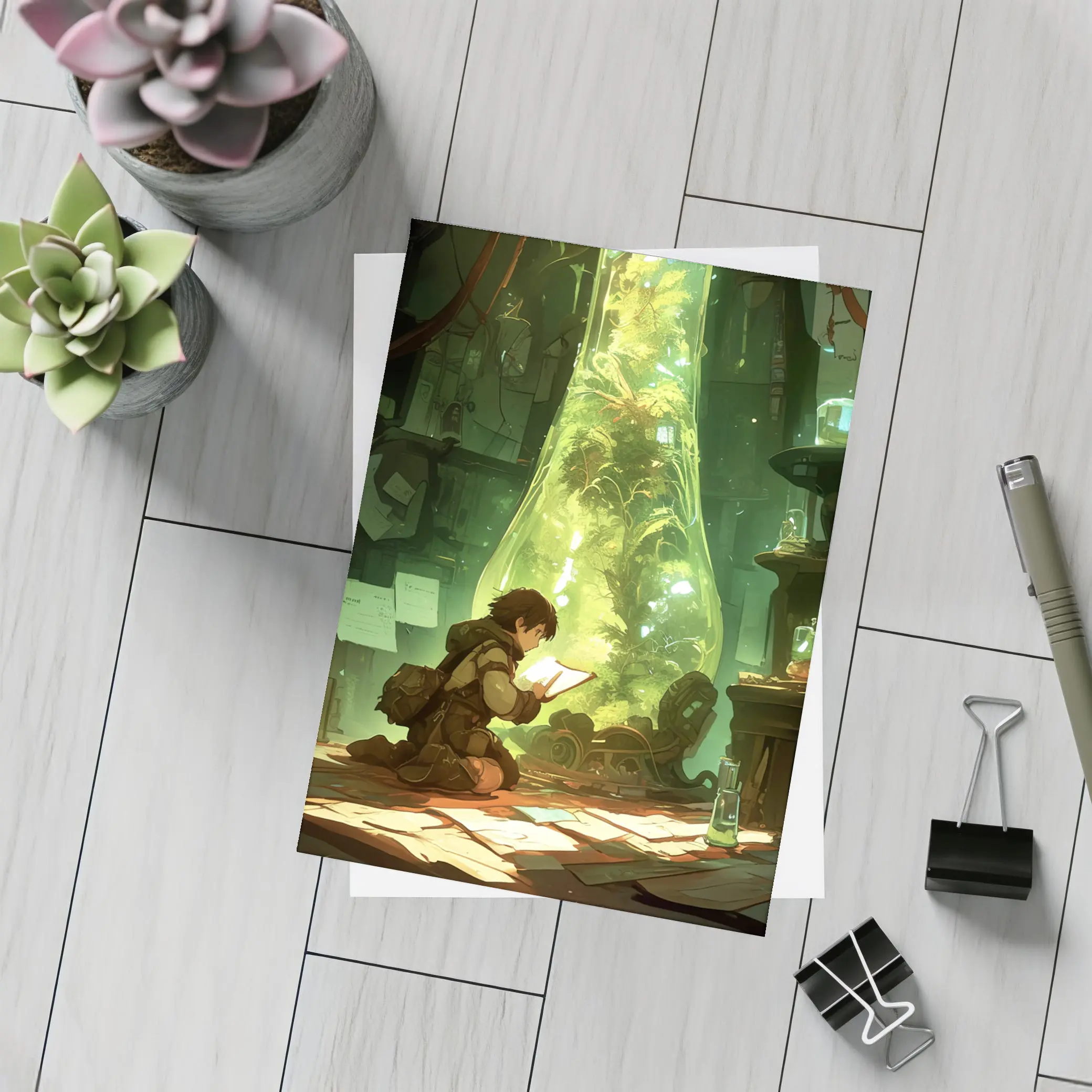 Anime Boy Reading In Glowing Botanical Lab – Postcards