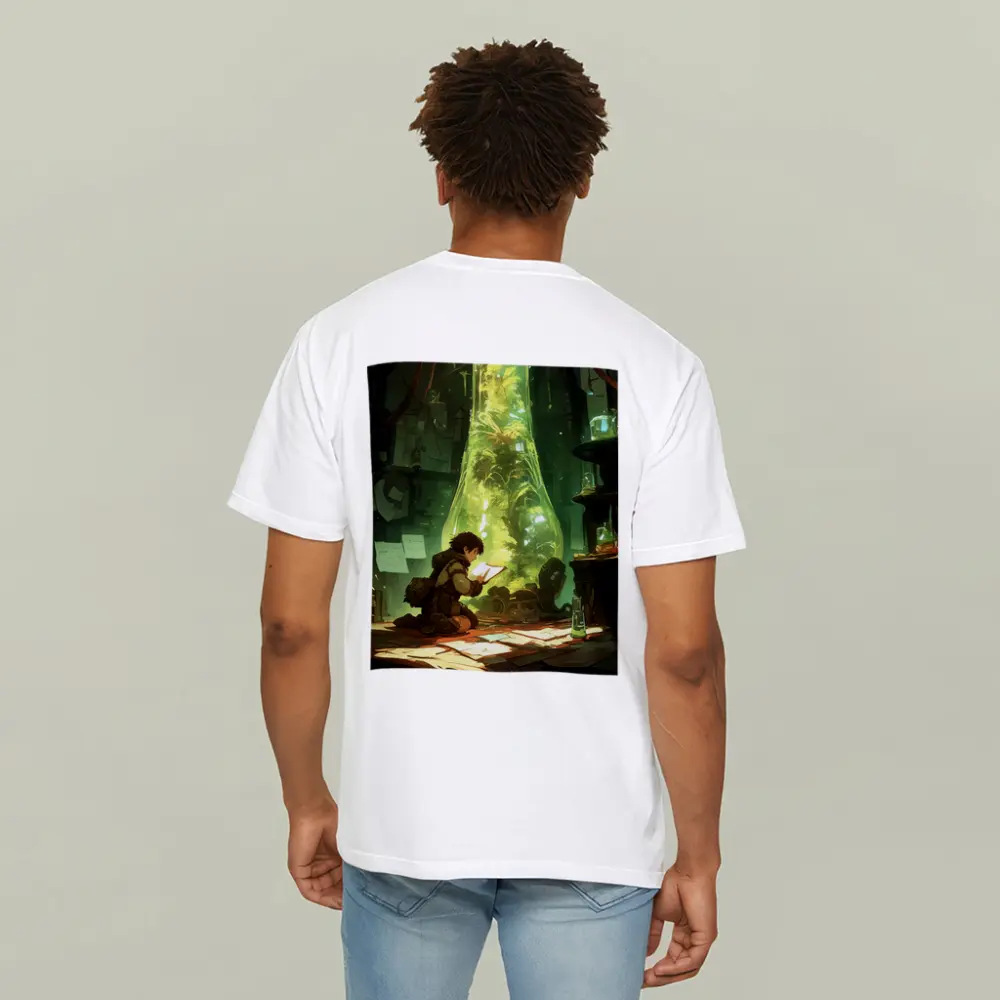 Anime Boy Reading In Glowing Botanical Lab – T-Shirts