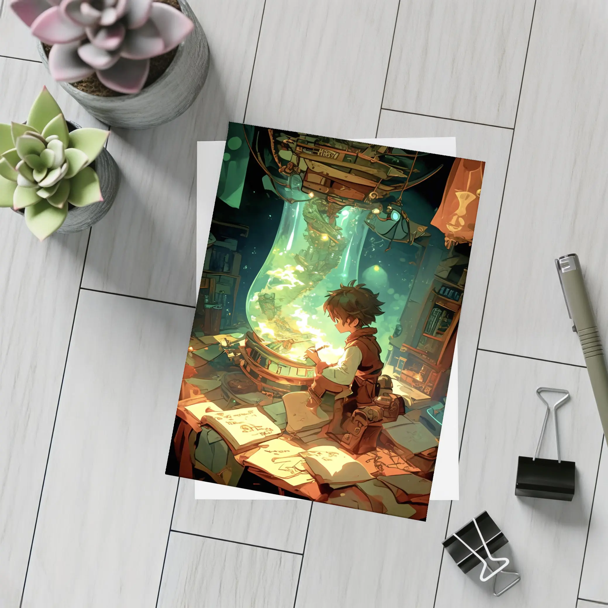 Anime Boy Drawing in Magical Workshop – Postcards