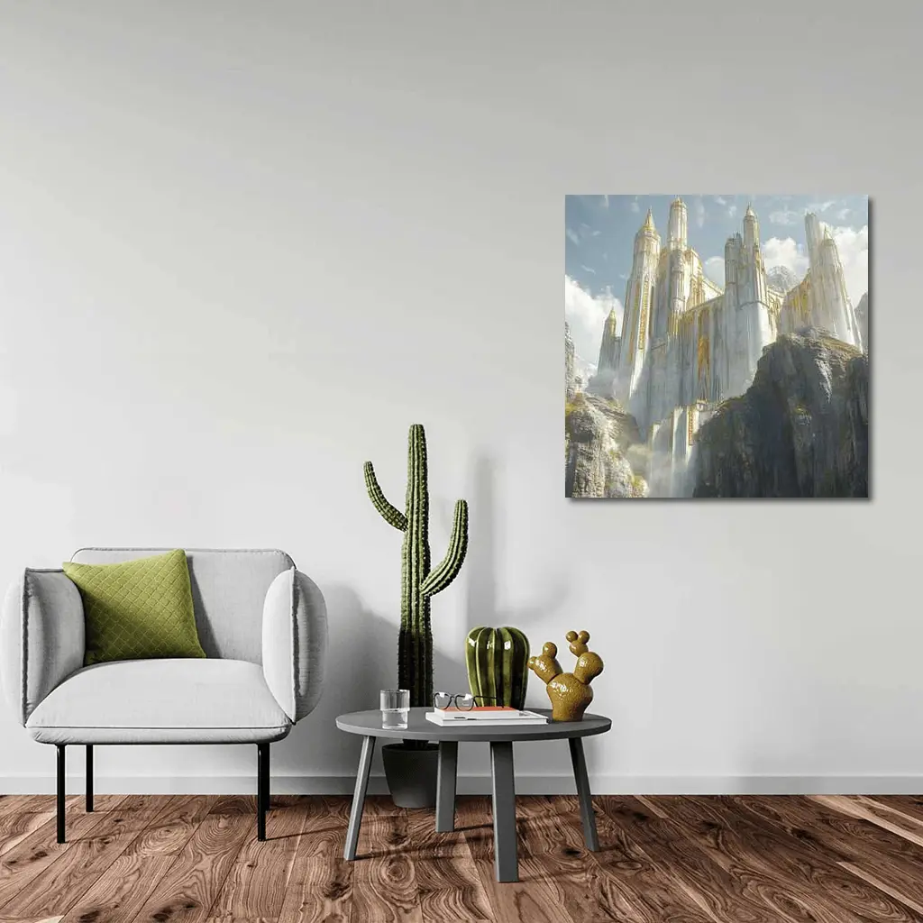 White Gold Fantasy Castle on Rocky Cliffs – Wall Art