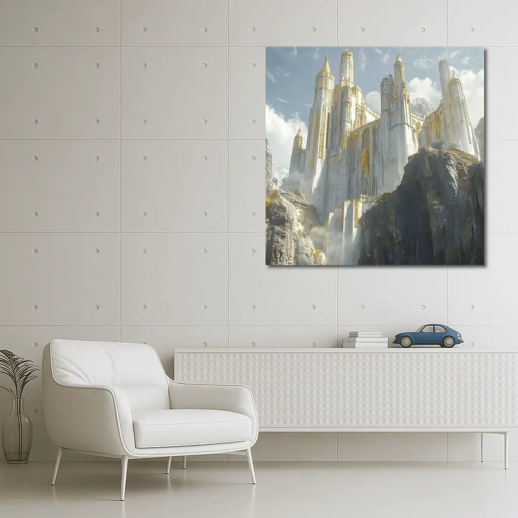 White Gold Fantasy Castle on Rocky Cliffs – Wall Art