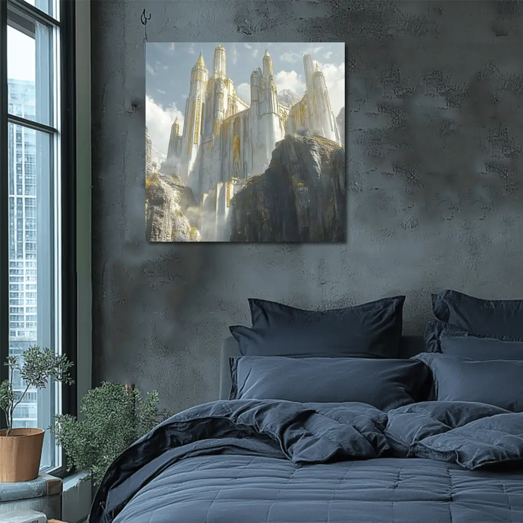 White Gold Fantasy Castle on Rocky Cliffs – Wall Art
