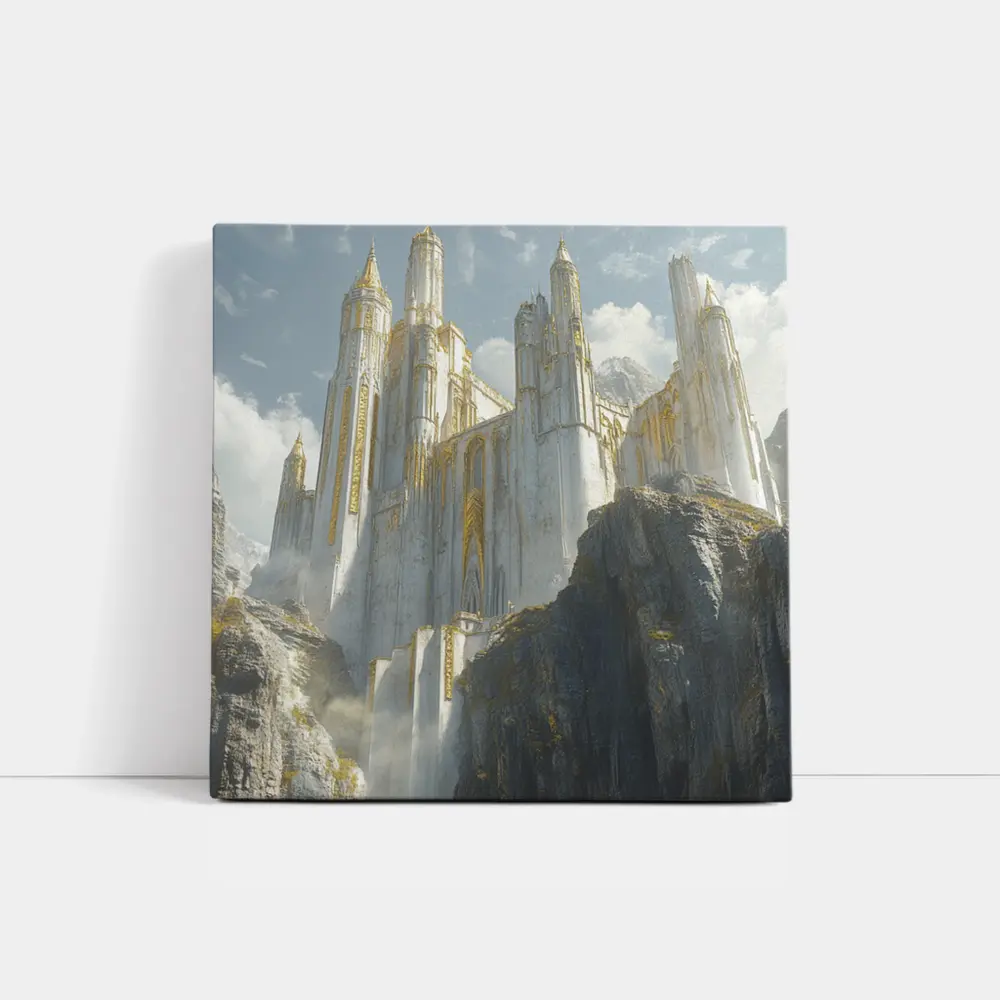 White Gold Fantasy Castle on Rocky Cliffs – Wall Art
