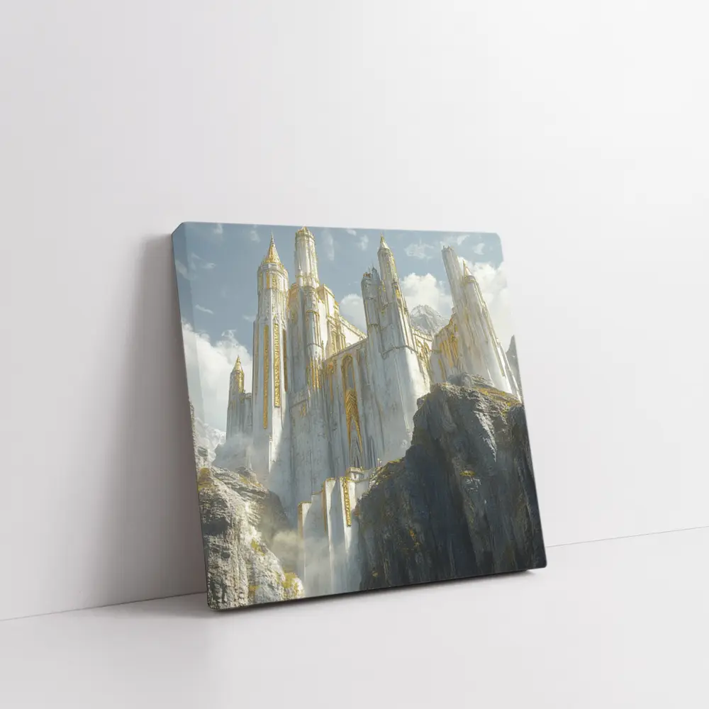White Gold Fantasy Castle on Rocky Cliffs – Wall Art