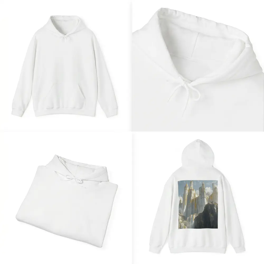 White Gold Fantasy Castle on Rocky Cliffs – Hoodies