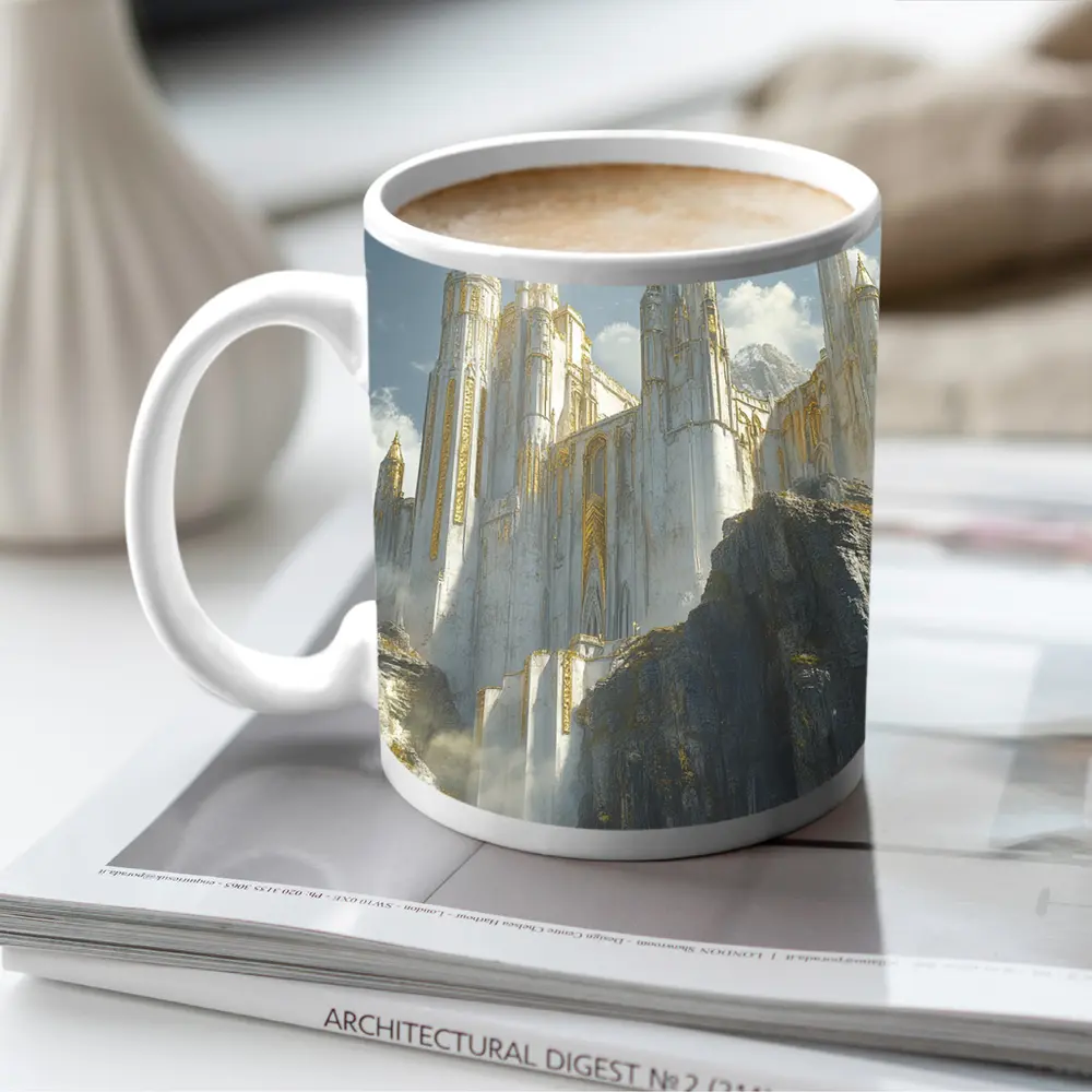 White Gold Fantasy Castle on Rocky Cliffs – Mugs