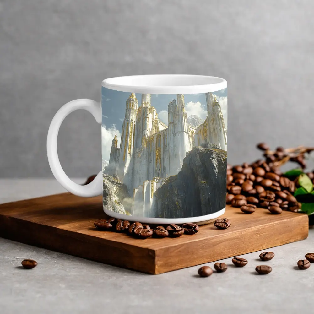 White Gold Fantasy Castle on Rocky Cliffs – Mugs