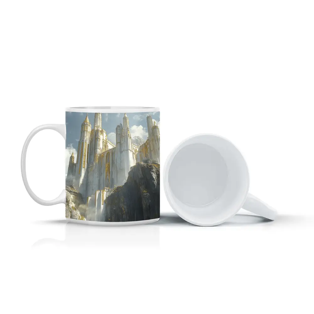 White Gold Fantasy Castle on Rocky Cliffs – Mugs