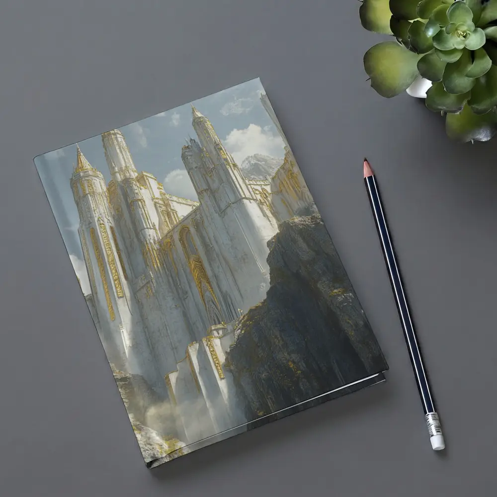 White Gold Fantasy Castle on Rocky Cliffs – Notebooks