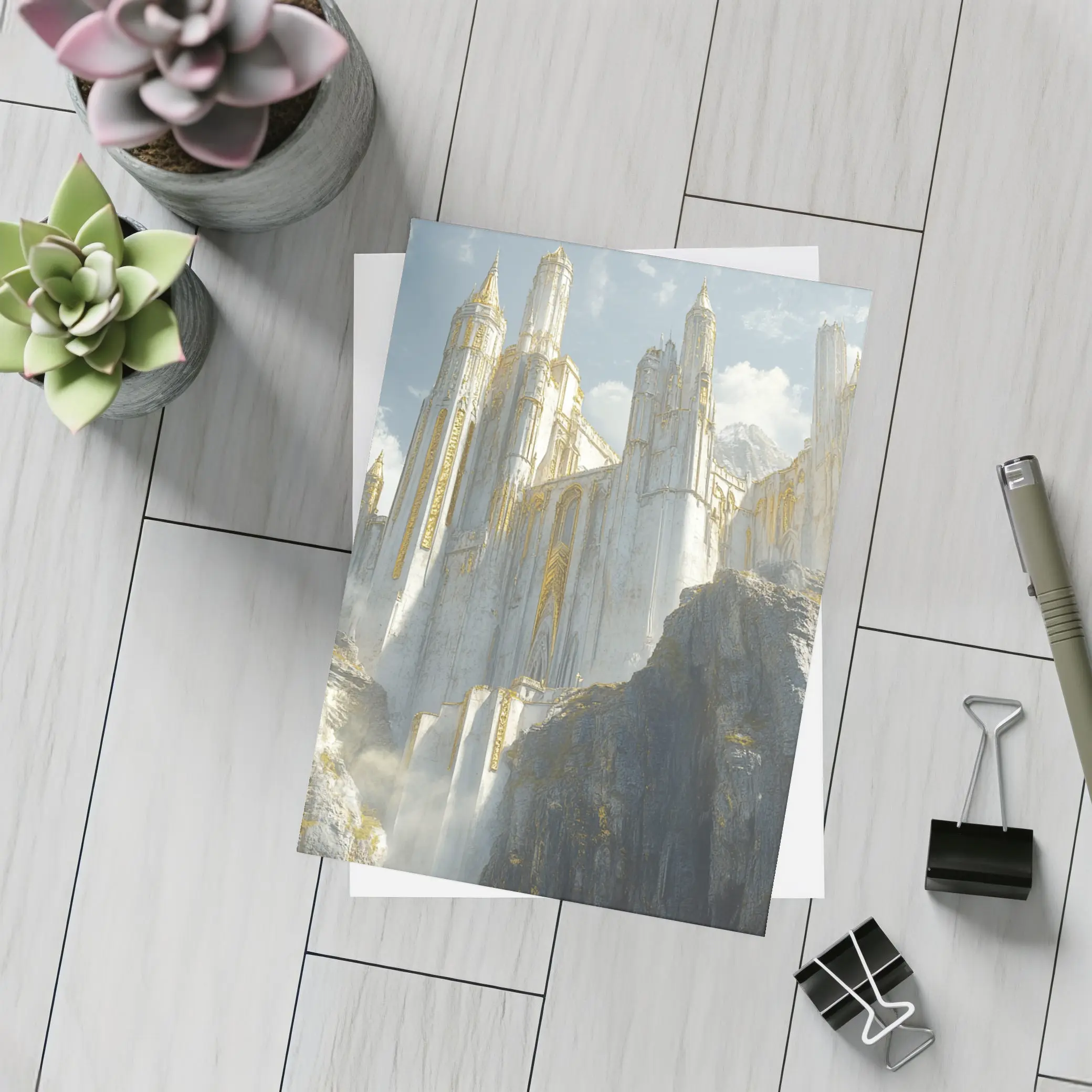 White Gold Fantasy Castle on Rocky Cliffs – Postcards