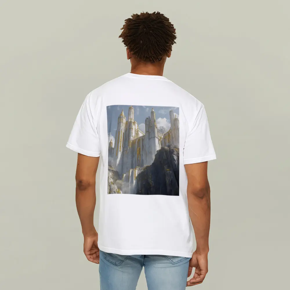 White Gold Fantasy Castle on Rocky Cliffs – T-Shirts