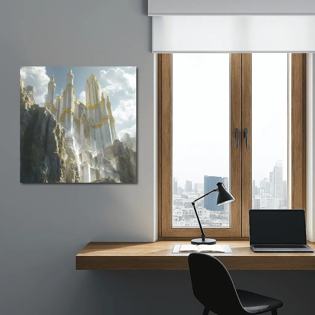 White Gold Fantasy Castle Rocky Cliffs – Wall Art