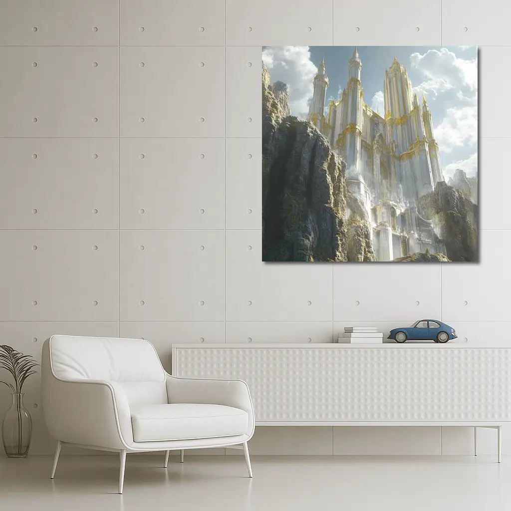 White Gold Fantasy Castle Rocky Cliffs – Wall Art