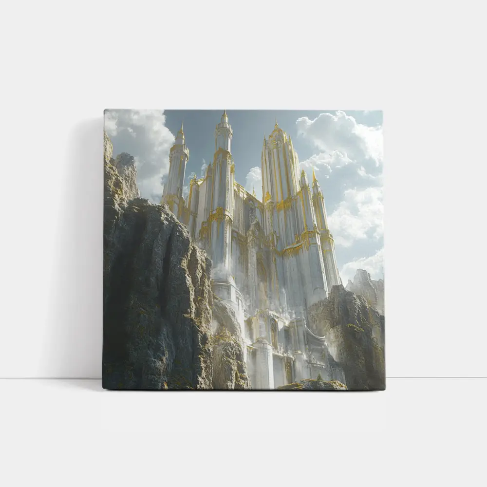 White Gold Fantasy Castle Rocky Cliffs – Wall Art
