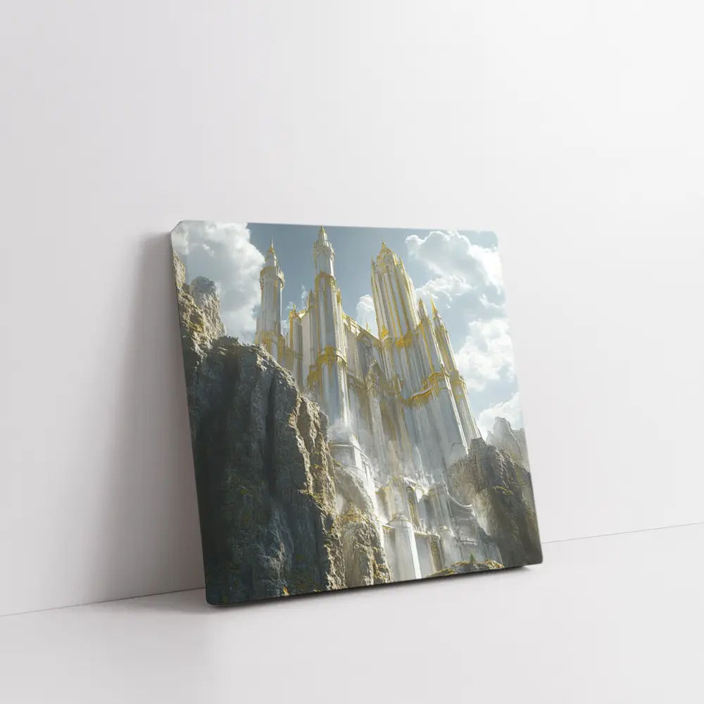 White Gold Fantasy Castle Rocky Cliffs – Wall Art