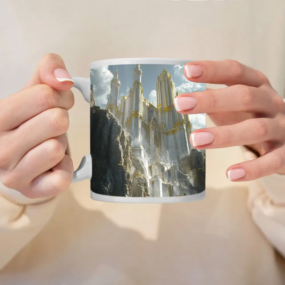 White Gold Fantasy Castle Rocky Cliffs – Mugs
