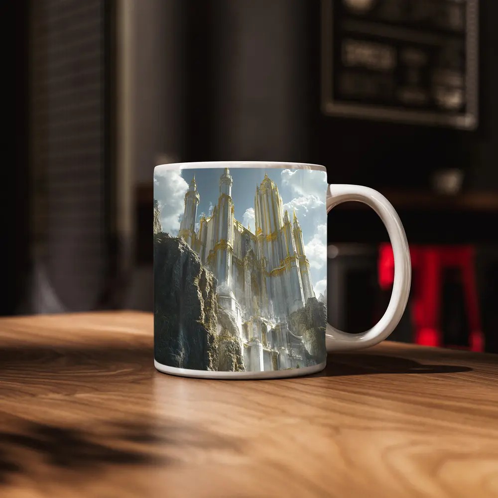 White Gold Fantasy Castle Rocky Cliffs – Mugs