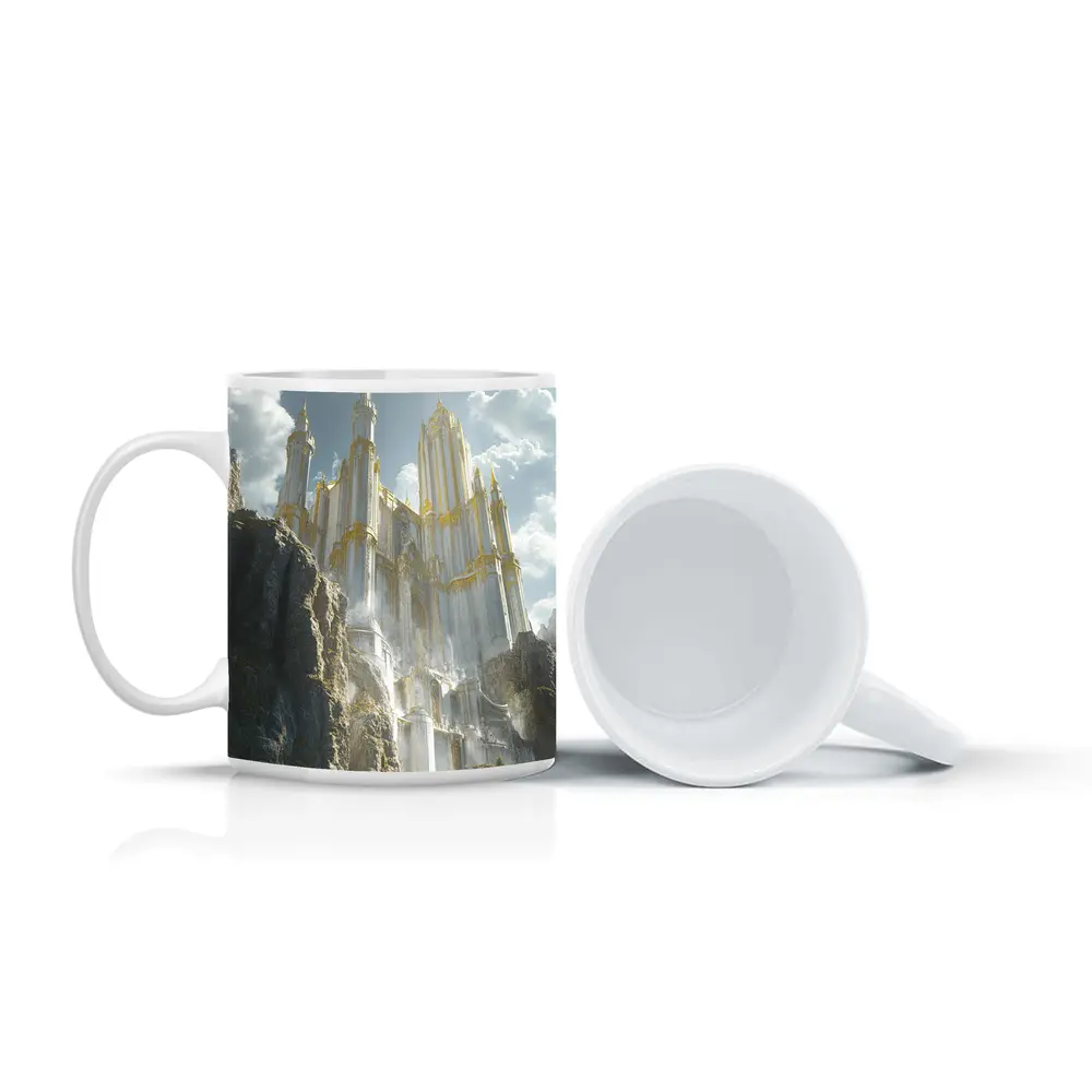 White Gold Fantasy Castle Rocky Cliffs – Mugs